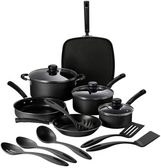 Tramontina Primaware 15-Piece Non Stick Cookware Set with Lids and Utensils, Aluminum Nonstick Pots and Pans Kitchen Set (Storm)