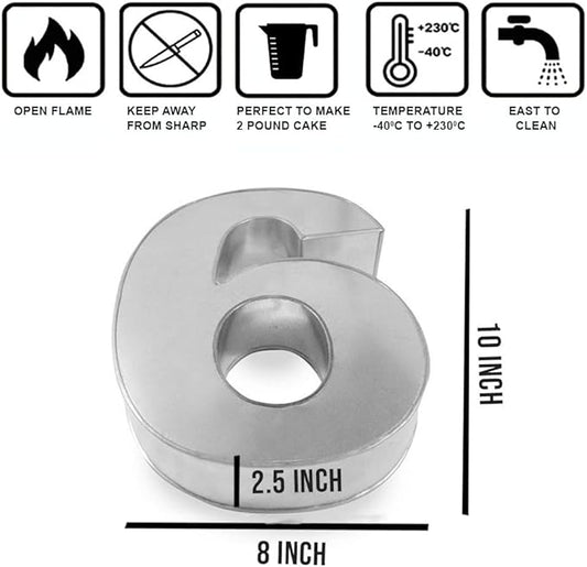 0-9 Number Individual Cake tins 10x8x2.5 Inches for Baking and Birthday, Wedding Anniversary & Parties, Metallic Cake molds (Number 6)