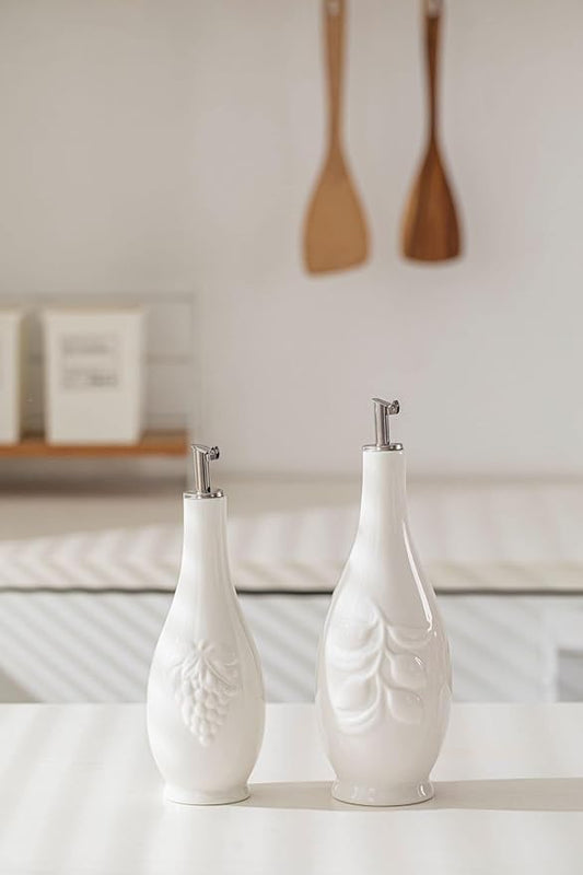 Porcelain Oil and Vinegar Dispenser Set, 16 oz Olive Oil Dispenser Bottle for Kitchen, Ceramic Cooking Oil Container, Oil Cruet w/Funnel, Dripless Spout, 480ml, 2 Pack