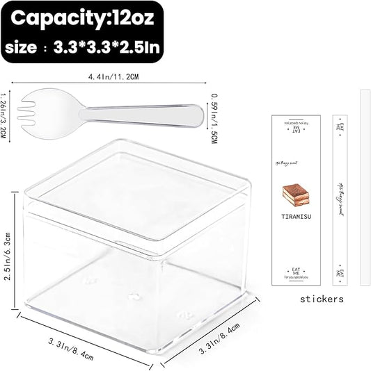 50 Pack 12OZ Square Clear Plastic Cups with Lids and Sporks&Stickers Disposable Fruit Cups for Dessert,Tiramisu Container with Lid,Cupcake,Parfait,Pudding,Iced Cold Drinks,Fruits,Bakeries