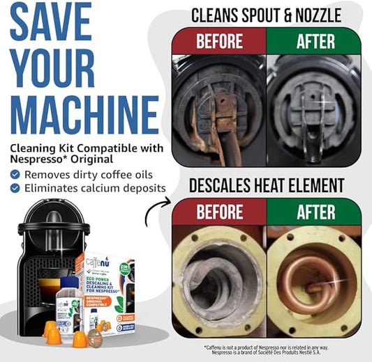 Nespresso Compatible Descaling Kit & Cleaning Pods. 2 Use Descaling Solution & 4 Cleaner Pods. Removes Limescale & Cleans Pod Area. Better Tasting, Hotter Coffee. Nespresso Originaline.