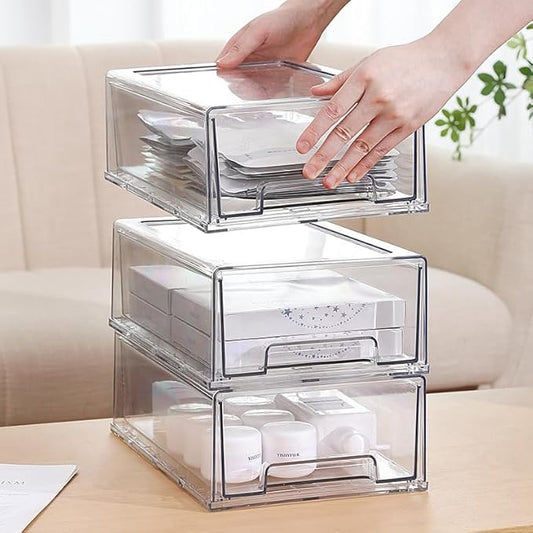 SIMPEXPE Stackable Storage Drawer, Clear Pull Out Plastic Food Fridge Organizer Bins for Home Office Pantry Shelf Organization