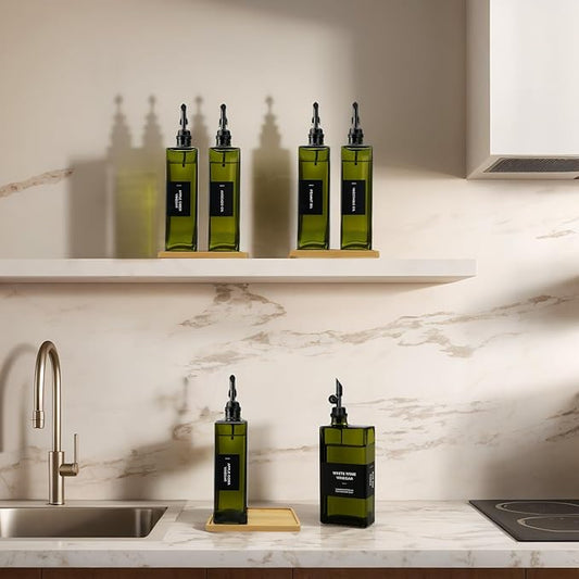 Olive Oil Dispenser Bottle for Kitchen with Bamboo Tray- 16.9oz Glass Oil and Vinegar Dispenser Set, Soy Sauce & Syrup Bottle, Modern Hostess Gift (Green, Set of 2)