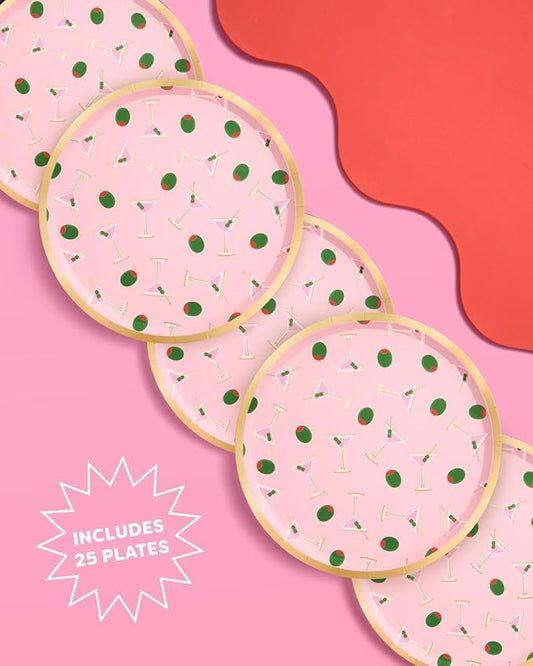 xo, Fetti Dirty Martini Paper Plates | 25 pcs, 9" | Cocktail Bachelorette Decorations, Dinner Party Setting, Olive Birthday Decor, Cute Picnic Tablescape
