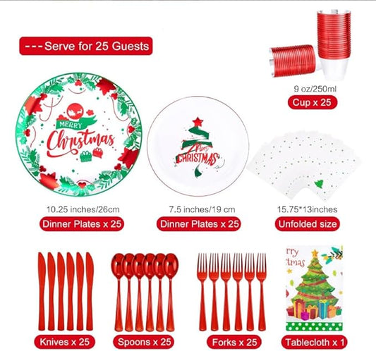 GATHER 176 Pieces Christmas Plastic Plates - Heavy Duty Christmas Disposable Dinnerware Set include 50 Plates, 75 Red Plastic Silverware, 25 Napkins, 25 Cups and 1 Tablecloth for Xmas Party