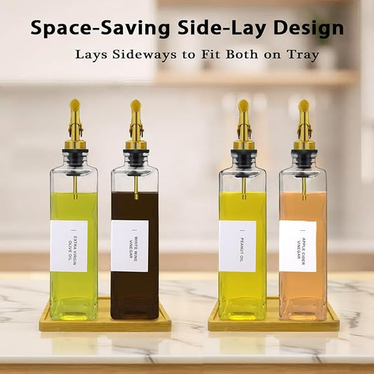 Olive Oil Dispenser Bottle for Kitchen with Bamboo Tray- Glass Oil & Vinegar Dispenser Set 16.9oz, Olive Oil Cruet, Elegant Kitchen Gift for Home Cooks(Clear, Set of 2)