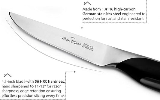 GRANDTIES FEINSTE Ultra Sharp Steak Knives Set of 4 – High Carbon German Stainless Steel, Non-Serrated, Full Tang – Premium Dinnerware Gift Set with Designed Gift Box
