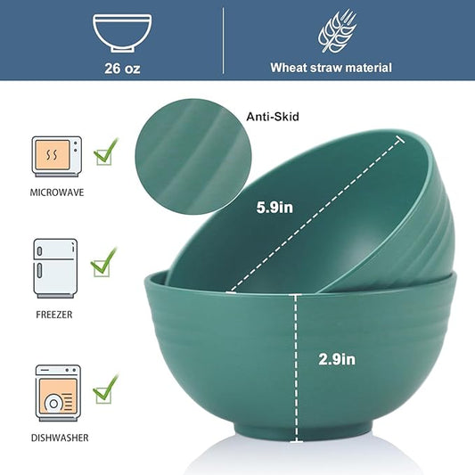 Wrova Wheat Straw Bowl Sets,8 PCS Unbreakable Cereal Bowls 26 OZ,Microwave and Dishwasher Safe Bowls,Kids Bowl suitable for cereal,salad,snack and soup (Green)