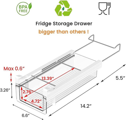 vacane Fridge Organizer Drawer, Clear Plastic Fridge Organizer Bins, Add on Refrigerator Drawer,Fridge Storage Container Under Shelf Holder for Fruit, Vegetable, Meat, Cheese, Easy to Install-M