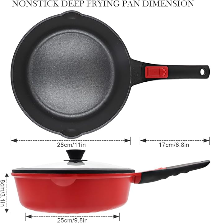 11 Inch Nonstick Deep Frying Pan with Lid, Large Deep Saute Pan Skillet with Removable Handle, Non Toxic, Compatible with All Stoves, Oven Safe, Red