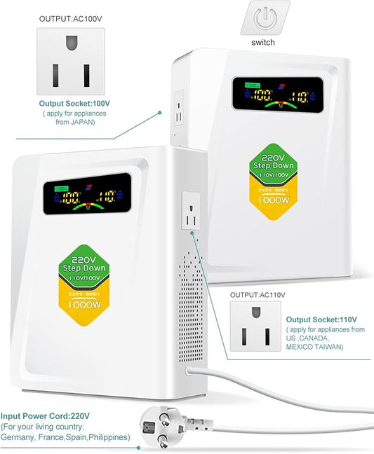 220v to 110v Step Down Transformer 1000W Power Voltage Converters, No Noise, Ten Protection Functions, Suit for Coffee Machines, Rice Cookers and Other US Appliances Used in Europe