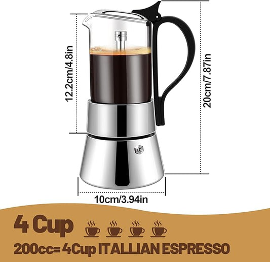 4 Cup Glass Transparent Moka Pot Stainless Steel Uncoated Stovetop Espresso Maker Italian Coffee Makers Mocha Greca Machine Cafe Classic Induction Cookers for Home Camping 220ml