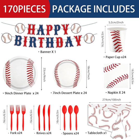 170pcs Baseball Themed Birthday Party Supplies Including Banner,Dinner Plates,Napkins,Forks Tablecloth Disposable Paper Tableware Set Baseball Party Decorations for Kids Serve 24 Guests