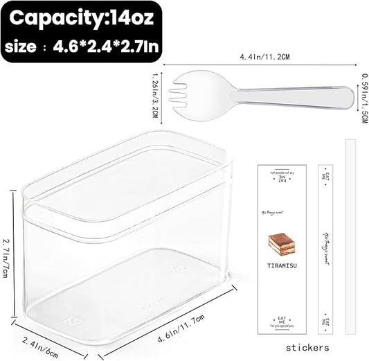 50 Pack 14OZ Rectangle Clear Plastic Cups with Lids and Sporks&Stickers Disposable Fruit Cups for Dessert,Tiramisu container with lid,Cupcake,Parfait,Pudding,Iced Cold Drinks,Fruits,Bakeries