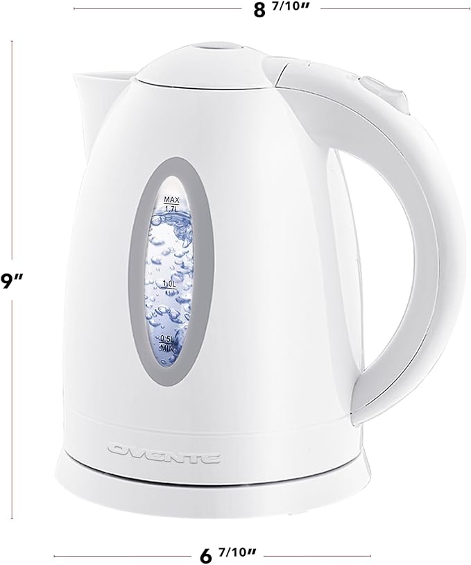 OVENTE Electric Kettle, 1.7L Fast Boiling Water Heater for Coffee or Tea, BPA Free with Water Level Gauge, Auto Shut-Off, Boil-Dry Protection, Indicator Light and Removable Filter, White KP72W