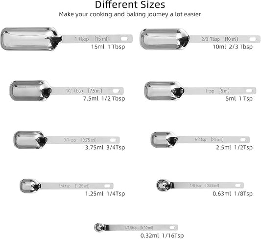 Measuring Spoons Set, 10-Piece 18/8 Stainless Steel Measuring Spoons Set with Leveler, Metric&US Metal Measuring Spoon -1/16, 1/8, 1/4, 1/3, 1/2, 3/4 Tsp, 2/3 Tbsp Long Spoons for Spice Jar