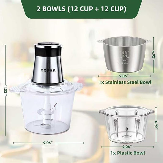TOPAA Food Processors 2-Speed Electric Meat Grinder For Home Use Vegetable Chopper - 2 Bowls (12 Cup+12 Cup) with Powerful 300W Copper Motor - Includes 2 Sets of Bi-Level Blades for Fruits/Meat/Nuts
