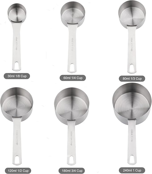 Measuring Cups and Spoons Set 15, 6 Stainless Steel Measuring Cups and 7 Spoons &1Leveler &1Magnetic Conversion Chart, Metric&US Metal Measuring Tools for Baking & Kitchen