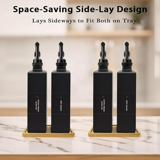 Olive Oil Dispenser Bottle for Kitchen with Bamboo Tray, 16.9oz Glass Oil Bottles and Vinegar Dispenser Set, Decorative Avocado Oil Dispenser Set, Gourmet Gift for Bakers (Black, Set of 2)