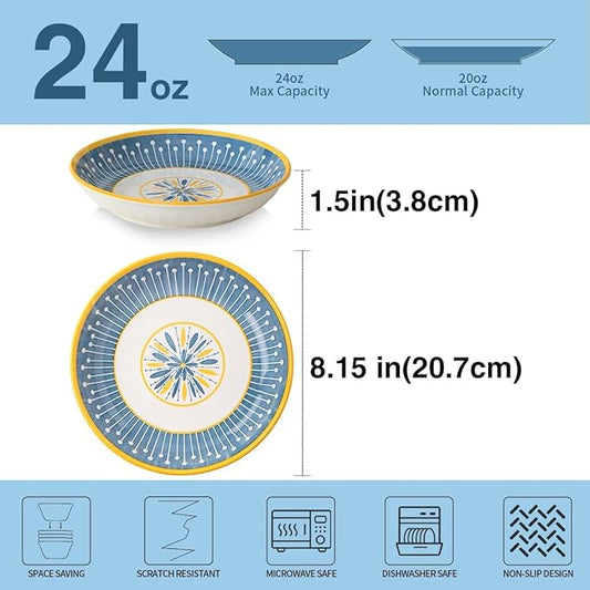 Yeacccng Pasta Bowls Set of 8, 24 Oz Ceramic Salad Bowls, 8 Inch Colorful Serving Bowls for Pasta,Salad,Oatmeal,Fruit, Easy to Clean, Dishwasher & Microwave Safe,Scratch-Resistant, Lead-Free