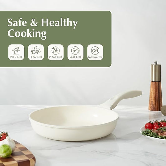 Redchef Ceramic Frying Pan, Small Nonstick Frying Pan, Non Stick Pans for Eggs & Omelets, PFOA & PFAS-Free, Fast & Even Heat, Compatible with All Cooktops, Dishwasher Safe, Beige White, 9.5"