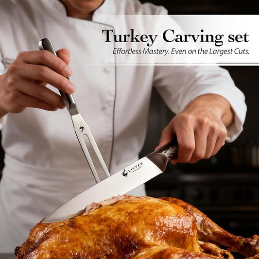 Livtek Carving Knife and Fork Set 8" Slicing Knife and 7" Fork - German High Carbon Stainless Steel - Brisket Slicer, Turkey Carving, BBQ Tools - Thanksgiving Dinner Gift Set