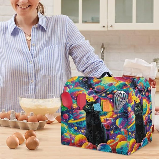 Starry Night Black Cat Mixer Cover Compatible with 4.5-5 Qt,Animals Cat Kitchen Appliance Dust Stand Cover with Top Handle Pockets Dust Stand proof Protector Universal for Coffee Makers -S