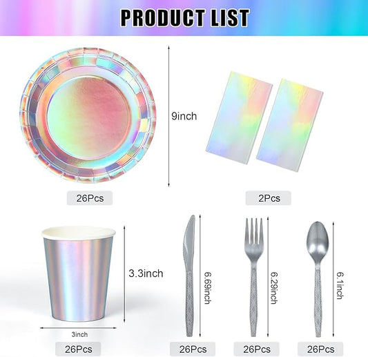 Iridescent Party Supplies Decorations,132 Pcs Disposable Iridescent Paper Party Plates Cups Knives Spoons Fork for Birthday Wedding Outdoor Picnic,Disposable Plastic Tablecloths for Dinner,Holiday