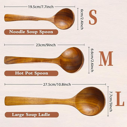 Wooden Ladle for Soup, 3Pcs Wooden Spoons for Cooking, Non-Stick Wood Spoon, Natural Teak Wood Cooking Spoons, Kitchen Utensils Spoons Set