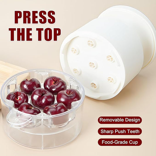 Cherry Pitter, 7-Hole Push-Type Cherry Pitter with Pit Storage Tray, Efficient Pit Removal, Multi-Particle Separator, Fruit Seed Remover Tool (White)