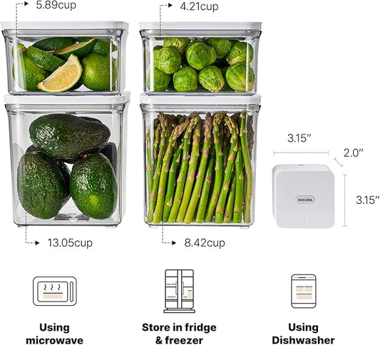 VAKUEN Premium Airtight Food Storage Containers & Vacuum Sealer Machine Starter Set, 4-piece Container with Sealer, 100% Leak Proof,Keep food fresh up to 5 times longer than non-vacuum strorage.