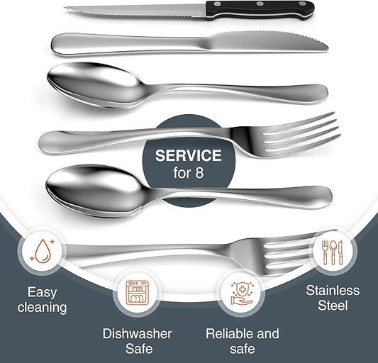Tribal Cooking 49 Piece Silverware Set - Service for 8 - Stainless Steel Flatware serving set - Cutlery Set - Knife, Fork, and Spoon - Kitchen Utensils set - Dishwasher Safe - Stunning Polished Finish