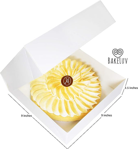 BAKELUV Pie Boxes for 9 Inch Pie | White, 50 Pack | 9x9x2.5 Bakery Box with Window, 9x9 Cookie Box, 9 Inch Pastry Boxes with Window Bulk, Cake Boxes, Auto Pop Up