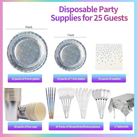 201-piece disposable party tableware set with paper plates, cups, napkins, straws, tablecloths, plastic knives, forks and spoons for a variety of party occasions for up to 25 people (Silver Star)