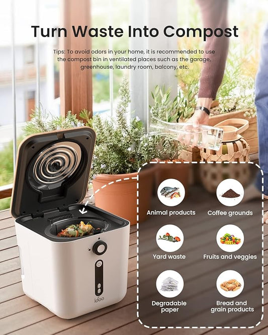 iDOO Electric Composter for Kitchen, 3L Countertop Compost Bin, Odorless Kitchen Composter, Indoor/Outdoor Compost Machine, Turn Food Waste into Fertilizer, Auto-Cleaning, White
