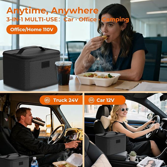 Electric Lunch Box Food Heater - 12V/24V/110V 3-in-1 Portable Oven Car Food Warmer, Mini Personal Microwave Heated for RV, Truck, Camping, Travel, Work, Office and Home Use