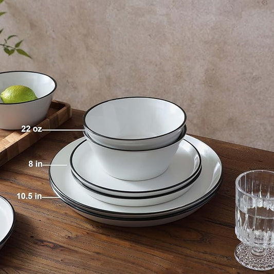 Famiware Saturn Dinnerware Sets, Plates and Bowls Sets for 4, 12 Pieces Stoneware Dish Set - Chip and Scratch Resistant, Microwave and Dishwasher Safe Tableware Set, White with Rim