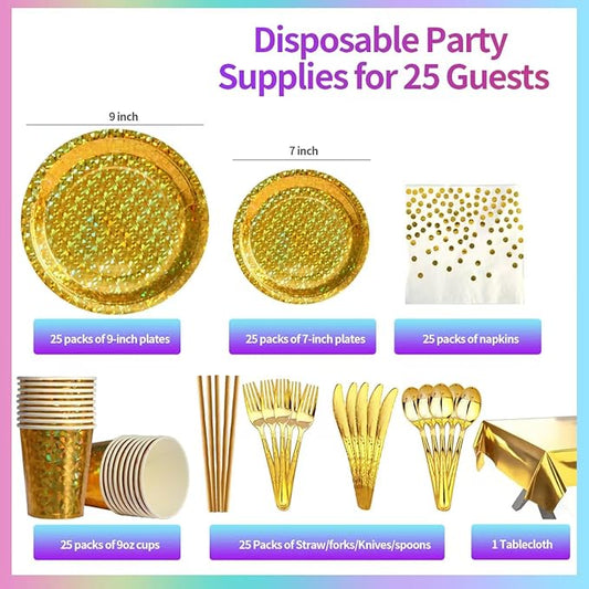 201-piece disposable party tableware set with paper plates, cups, napkins, straws, tablecloths, plastic knives, forks and spoons for a variety of party occasions for up to 25 people (Golden Glass)