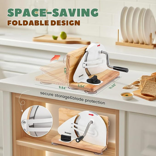 Huanyu Manual Bread Slicer Upgrade Foldable Sourdough Cutter Versatile Hand Crank Slicers Stainless Steel Blade Adjustable Thickness with Scale Line&Suction Cup for Homemade & Commercial Use (White)