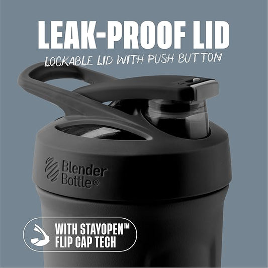 BlenderBottle Strada Shaker Cup Insulated Stainless Steel Water Bottle with Wire Whisk, 24-Ounce, Black