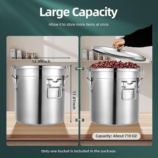 21L Stainless Steel Airtight Canister Rice Cereal Grain Canisters Container Food Oil Sugar Milk Storage Bucket w/Handles+Lid Cylinder Jar for Household Kitchen Bar Restaurants Silver (21L)
