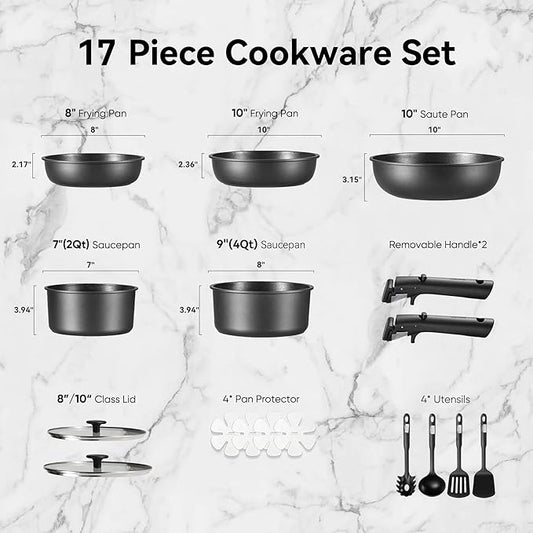 CAROTE 17Pcs Pots and Pans Set Non Stick, Cookware Set Detachable Handle, Nonstick Induction Kitchen Sets Non Stick with Removable Handle, RV Cook Ware, Oven Safe, Black