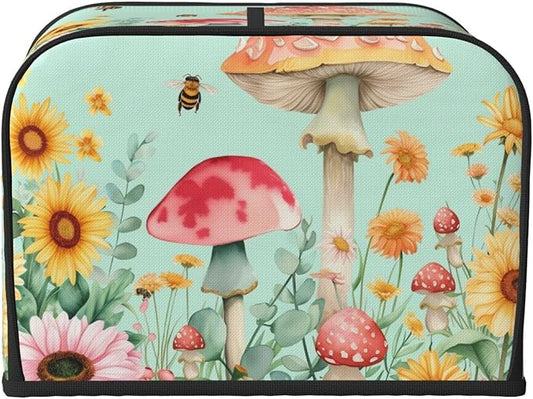 Pastel Sunflowers Mushrooms Covers for 4 Slice Toasters,Cute Country Bread Machine Cover with Handle,Washable Stain Resistant Kitchen Small Appliance Cover Dining Decor