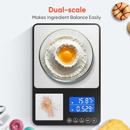 0.001 oz / 33 lb Dual Platform Kitchen Scale, Digital Food Scale with Two Precision Surfaces, LCD Display, 7 Units, Tare & Accumulation Functions – Perfect for Baking, Sourdough, and Cooking