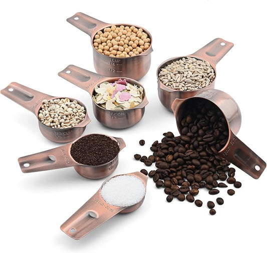 Copper Measuring Cups and Spoons Set 17, 7 Stainless Steel Measuring Cups&9 Long Hanlde Narrow Measuring Spoons for Spice Jar&Leveler, Kitchen Metric&US Measure Cup Spoons for Dry and Liquid