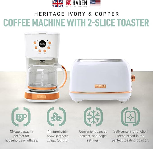 Haden Heritage 2 Slice Wide Slot Stainless Steel Toaster Bundled with 12 Cup Programmable Drip Coffee Maker Coffee Machine, Ivory & Copper