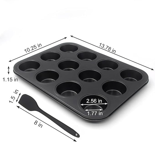 Non-Stick Muffin Pans, 12-Cup Standard Baking Pans Set of 2 with a Scraper for Perfect Muffins & Cupcakes