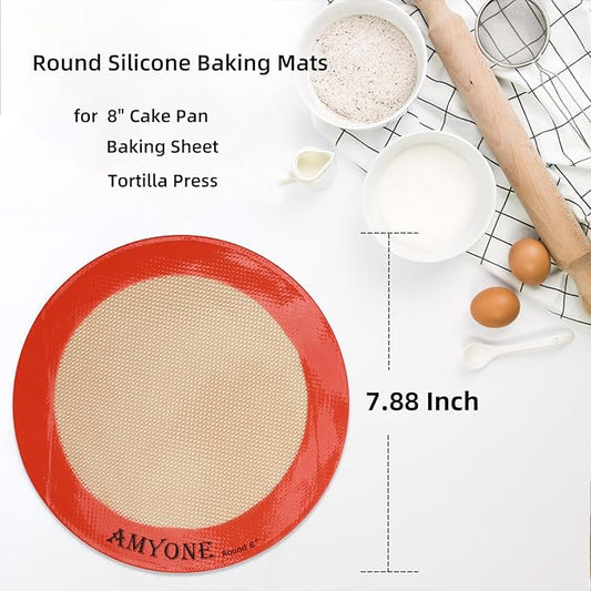 Round Silicone Baking Mats for 8 Inch Cake Pan, Food Grade, Non-Stick, Reusable Silicone Mat for Baking Pan for Bread/Tortilla/Macaron/Pastry/Pie/Bun or 9 Inch Pizza Pan, 2PCS