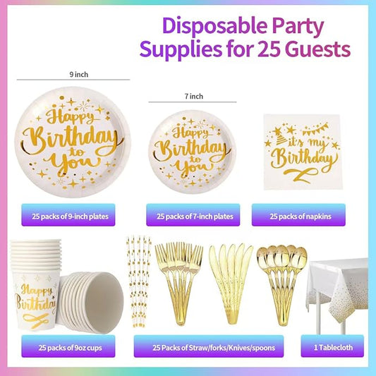 201 Pieces Birthday Plate Set, Birthday Decorations, Includes Paper Plates, Paper Cups, Straws, Napkins, Tablecloths, and Plastic Knives, Forks, and Spoons, Suitable for parties of 25 people!(White)