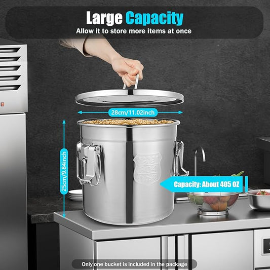 12L Stainless Steel Airtight Canister Rice Cereal Grain Canisters Container Food Oil Sugar Milk Storage Bucket w/Handles+Lid Cylinder Jar for Household Kitchen Bar Restaurants Silver (12L)